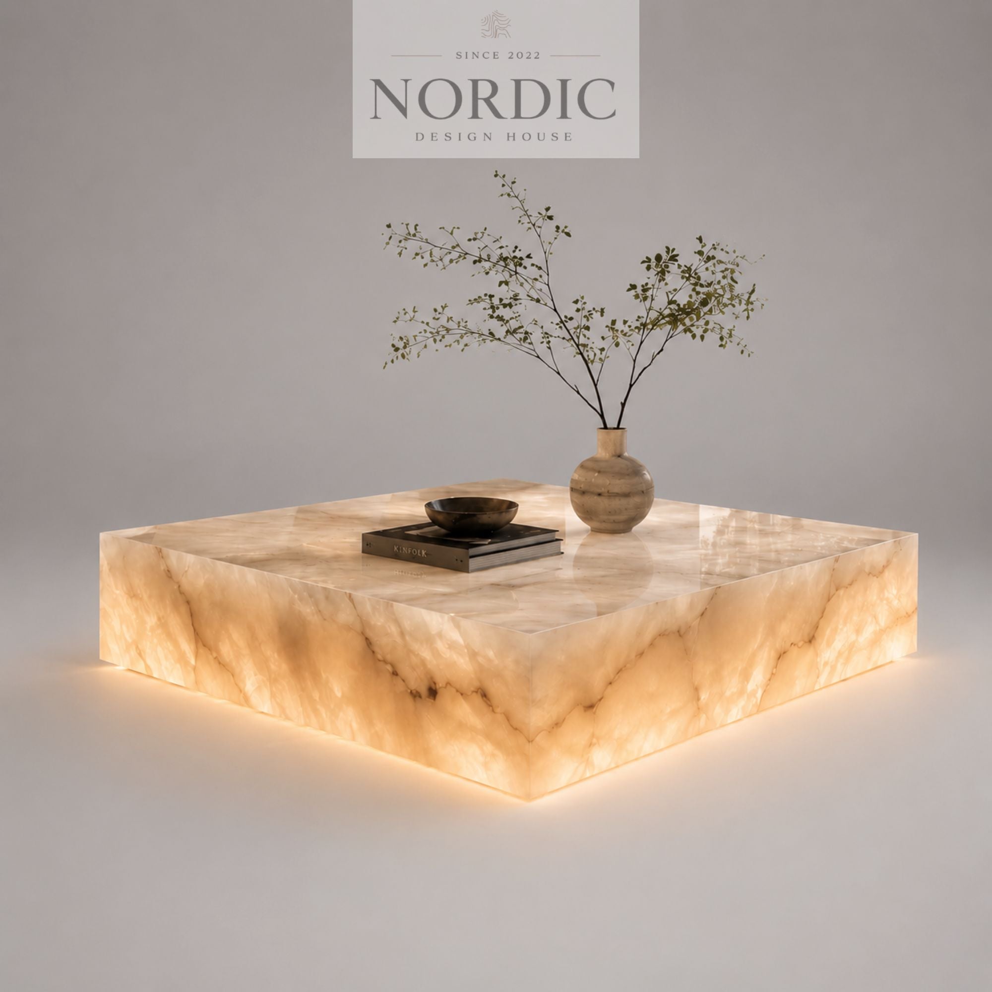Luma sofabord i amber onyx med integreret belysning til eksklusiv stue og lounge