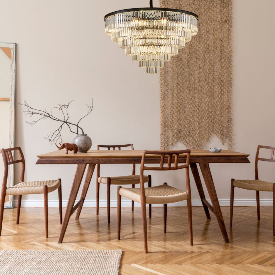 Moderne krystal lysekrone i klar krystal, 110 cm – perfekt til det nordiske hjem.